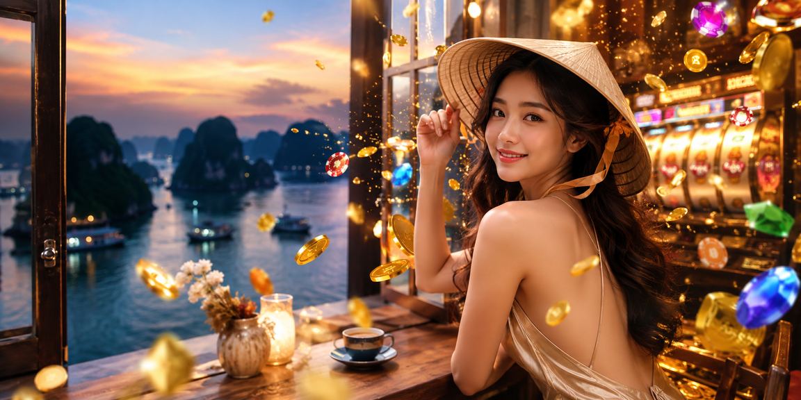 Cảnh vịnh Hạ Long với người phụ nữ đội nón lá, gợi nhớ trải nghiệm giải trí trực tuyến Việt Nam