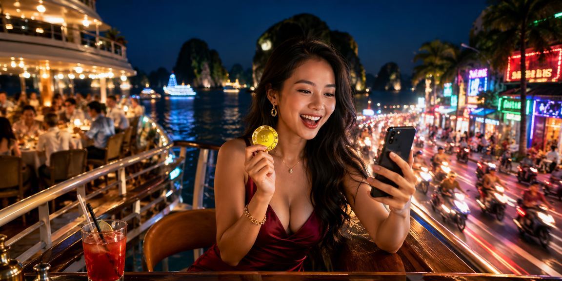 Màn hình điện thoại hiển thị kèo thể thao trực tuyến ban đêm tại Hạ Long với ánh đèn neon